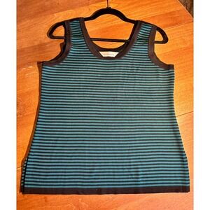 Misook Striped Knit Tank Top Teal / Black Sleeveless Casual Career Sz M